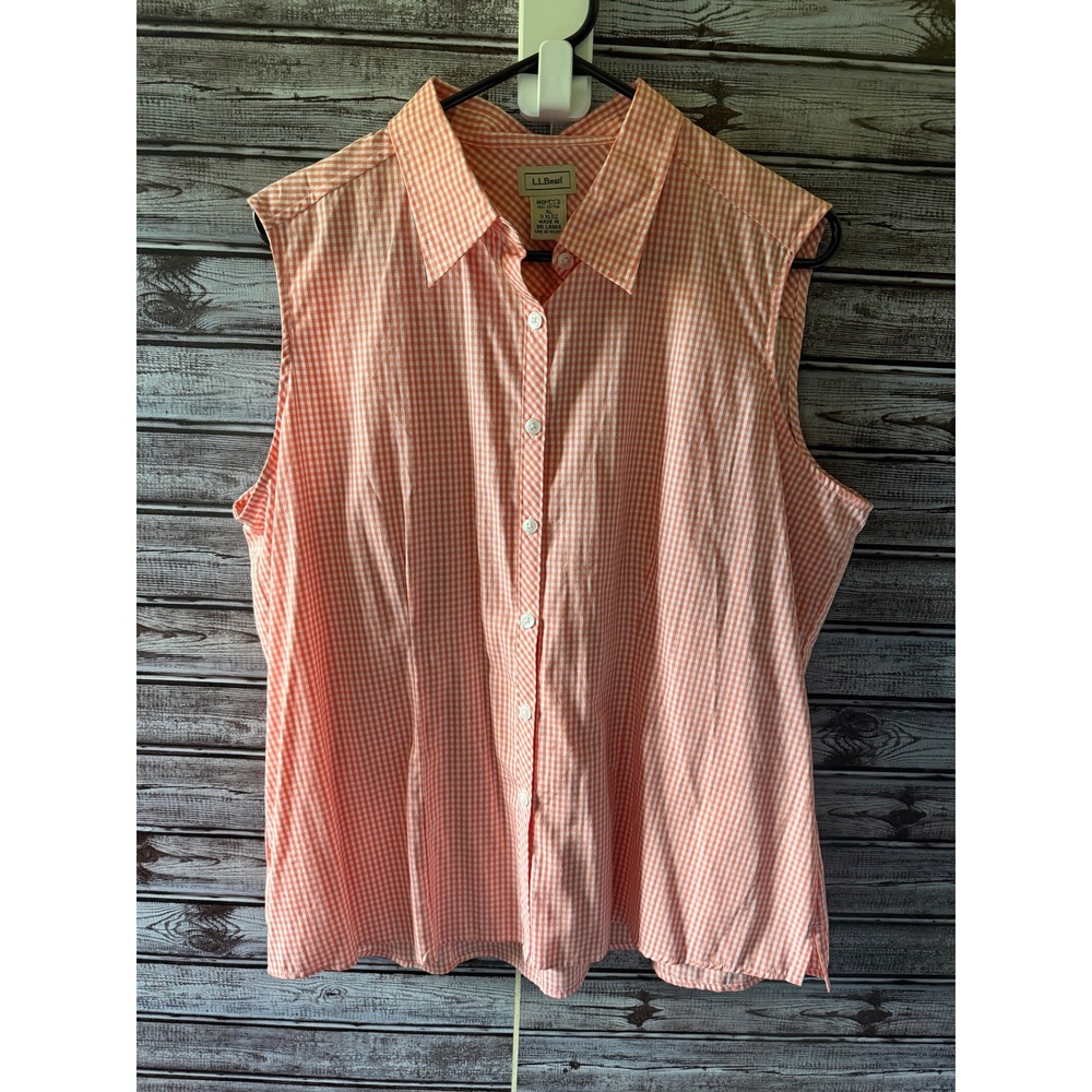 LL Bean Women's Sleeveless Button-Down Top Size XL Orange White Gingham